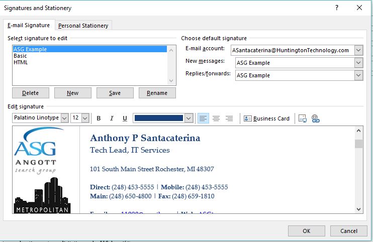 Signature Dialog Box On the right, use the drop down menus to select your new signature to ...